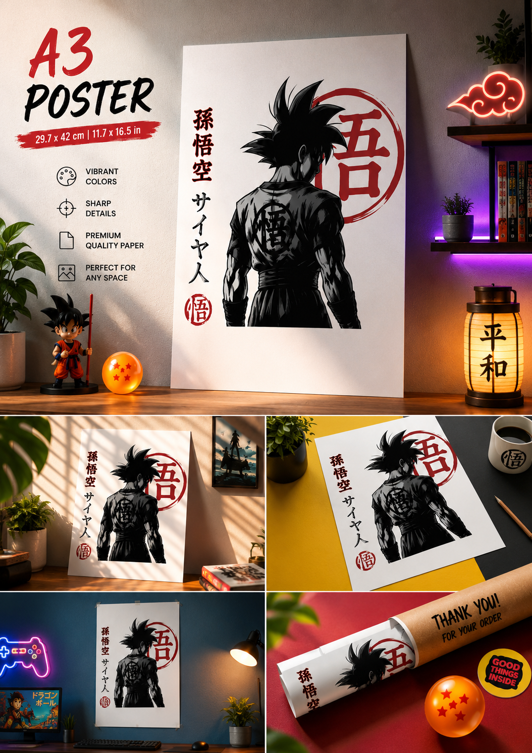 Son Goku Kanji A3 Anime Poster | Premium 300 GSM Minimalist Wall Art for Bedroom, Gaming Room & Office