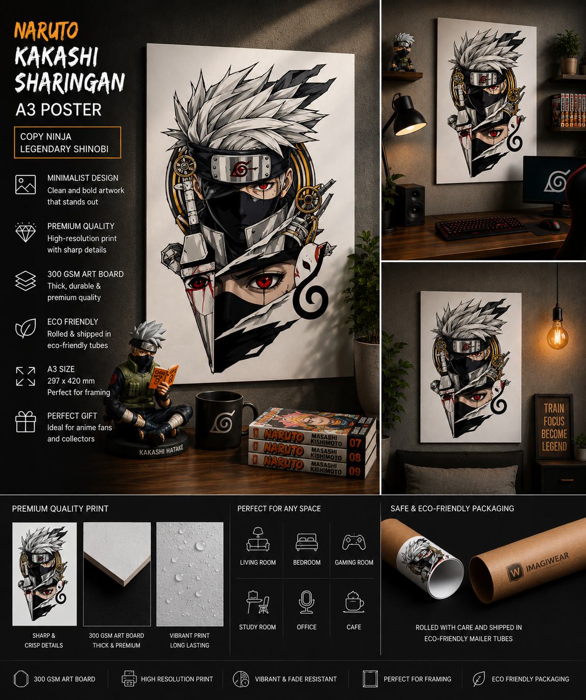Kakashi Hatake Sharingan A3 Anime Poster | Minimalist Naruto Wall Art | Premium 300 GSM Print