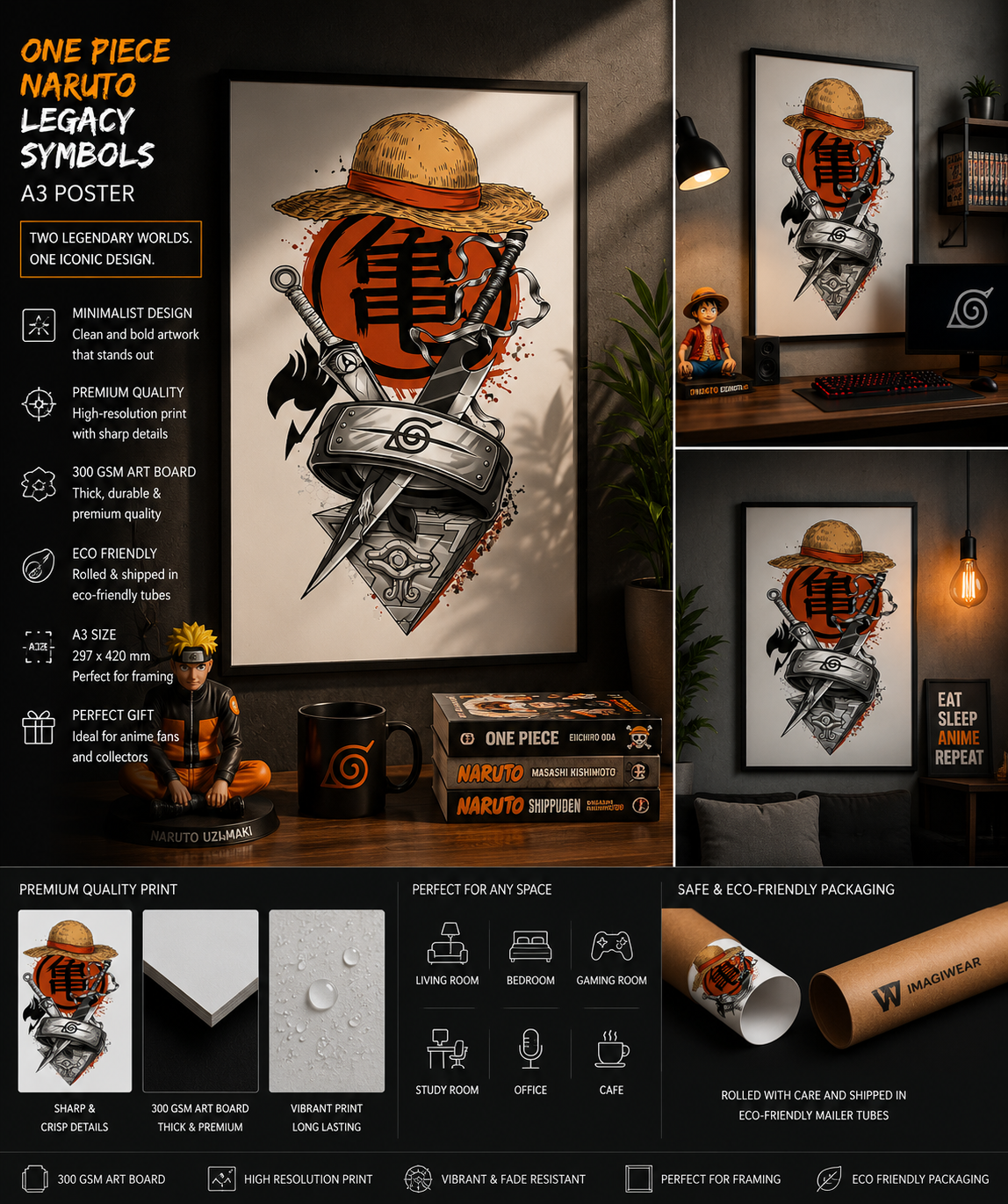 Anime Legacy Symbols A3 Poster | One Piece × Naruto Wall Art | Premium 300 GSM Print