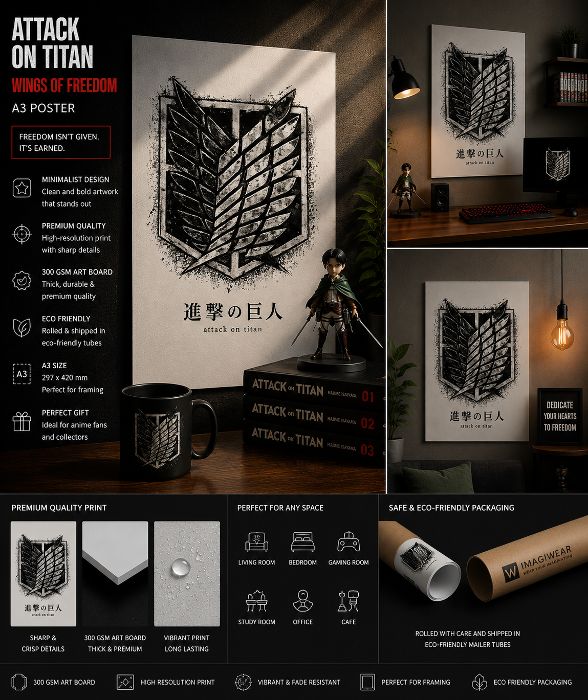 Attack on Titan Wings of Freedom A3 Poster | Scout Regiment Emblem Anime Wall Art | Premium 300 GSM Print