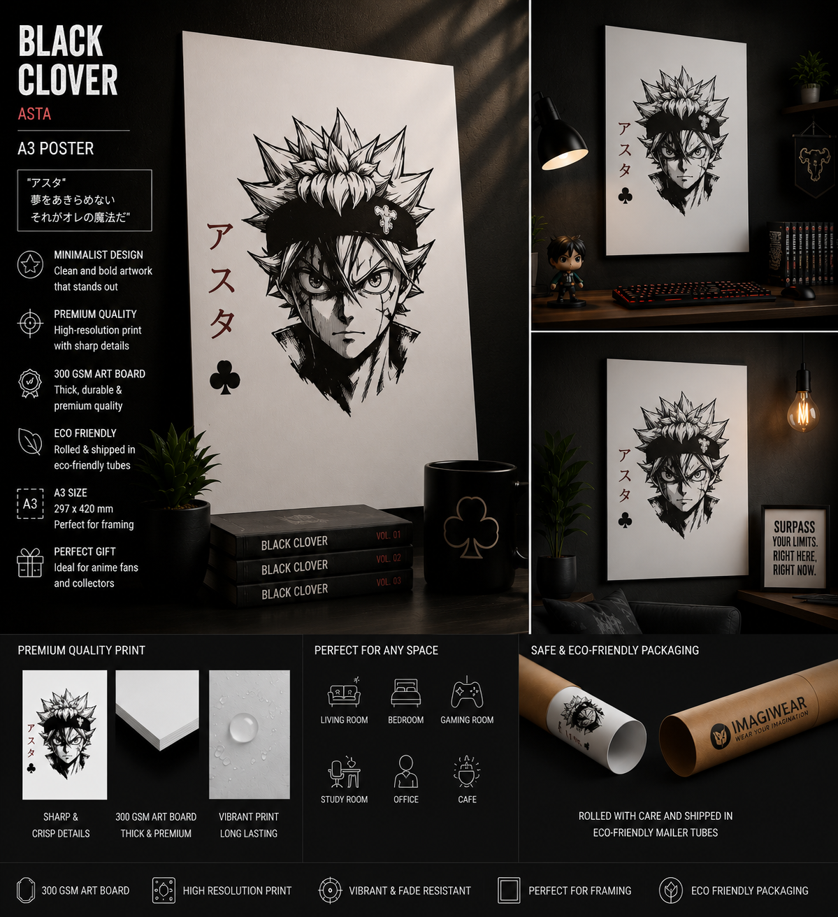 Black Clover Asta Minimalist A3 Anime Poster | Monochrome Manga Wall Art | ImagiWear