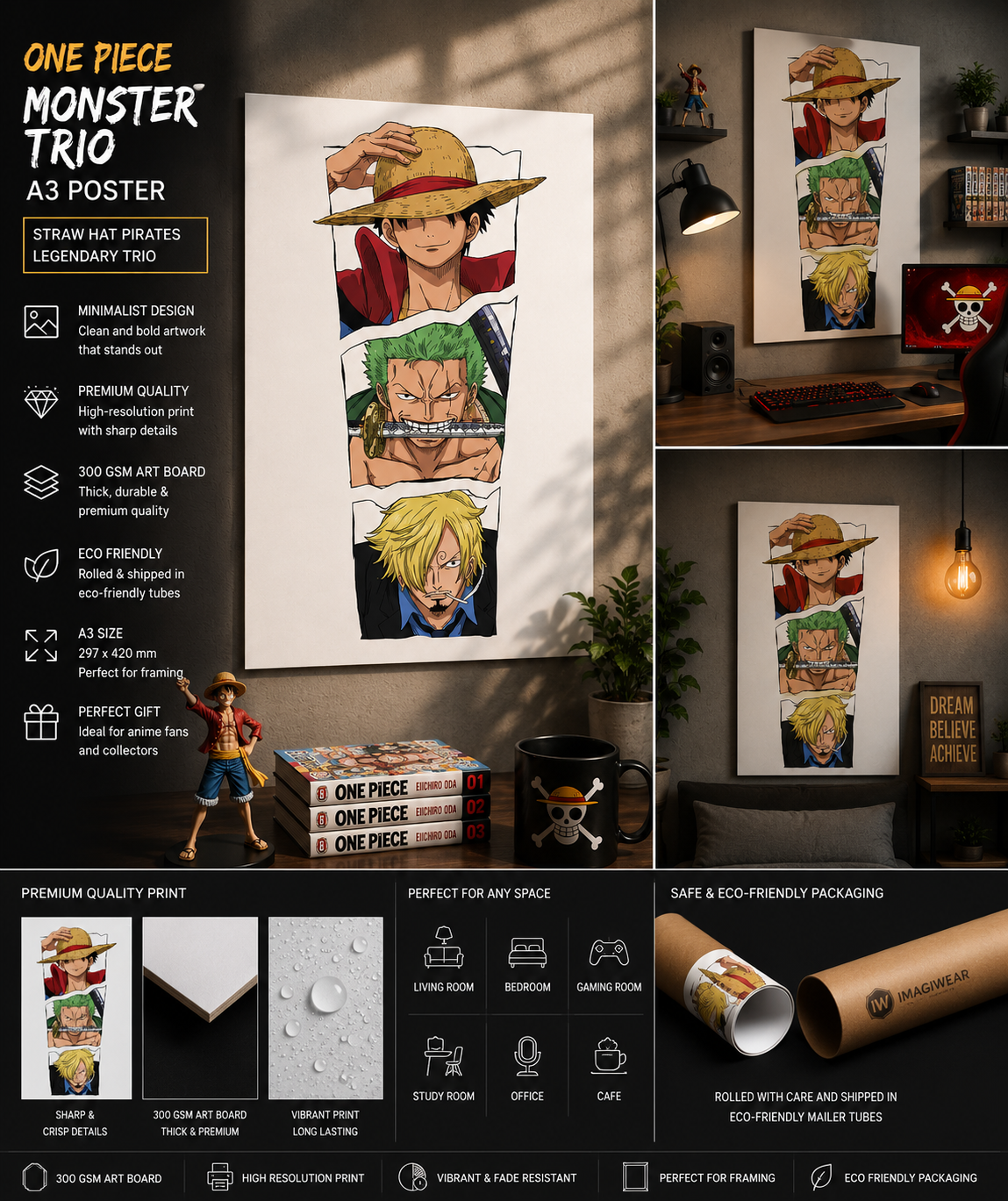 One Piece Monster Trio A3 Anime Poster | Luffy, Zoro & Sanji Wall Art | Premium 300 GSM Print