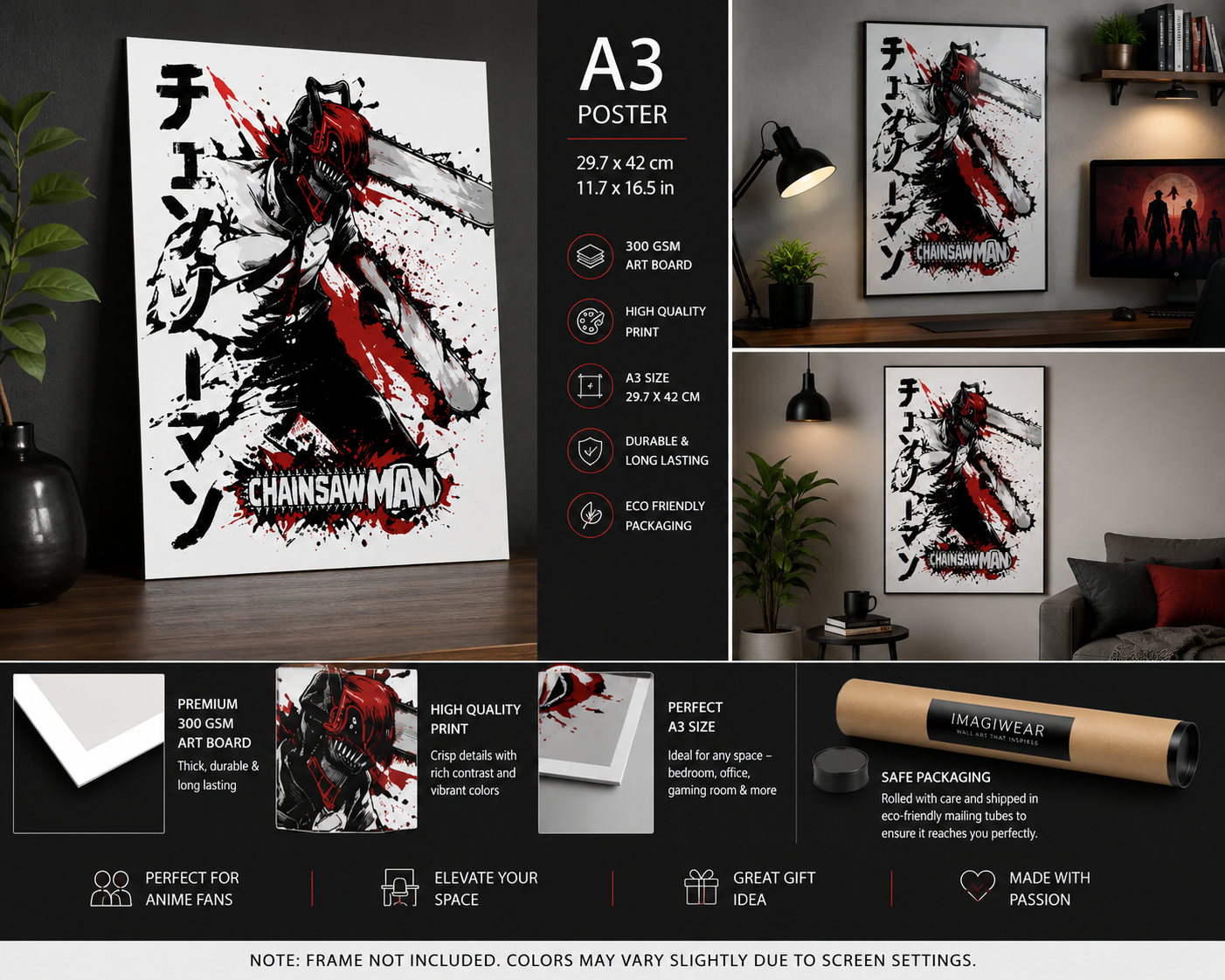 Chainsaw Man A3 Anime Poster | Premium 300 GSM Wall Art | Unframed