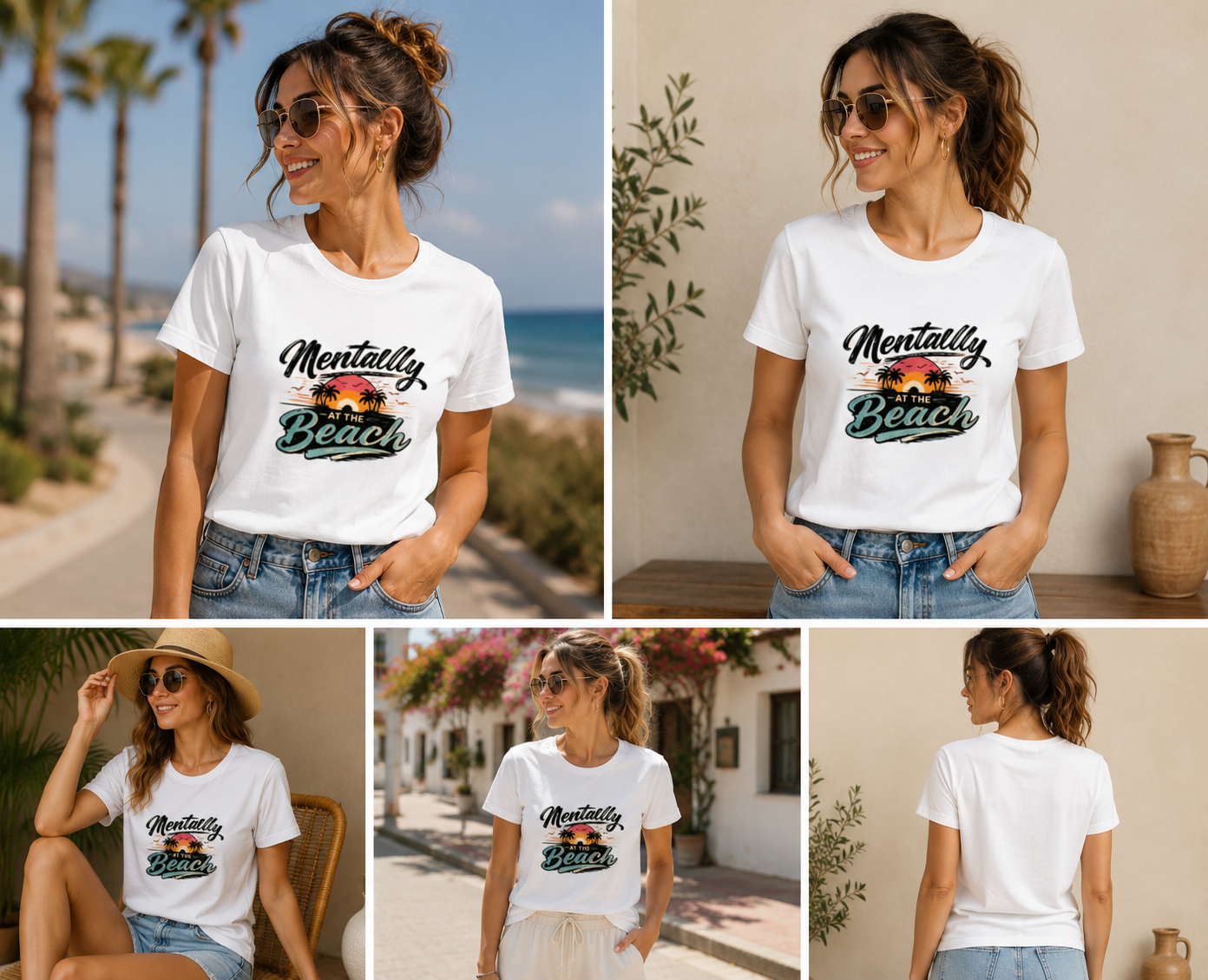 Mentally at the Beach Women's Classic T-Shirt β Coastal Sunset Graphic Tee | 180 GSM Cotton