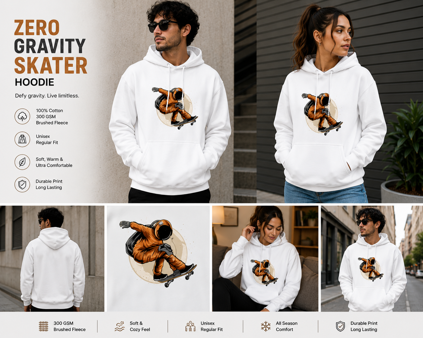 Zero Gravity Skater Unisex Hoodie – Astronaut Skateboarding Graphic Hoodie