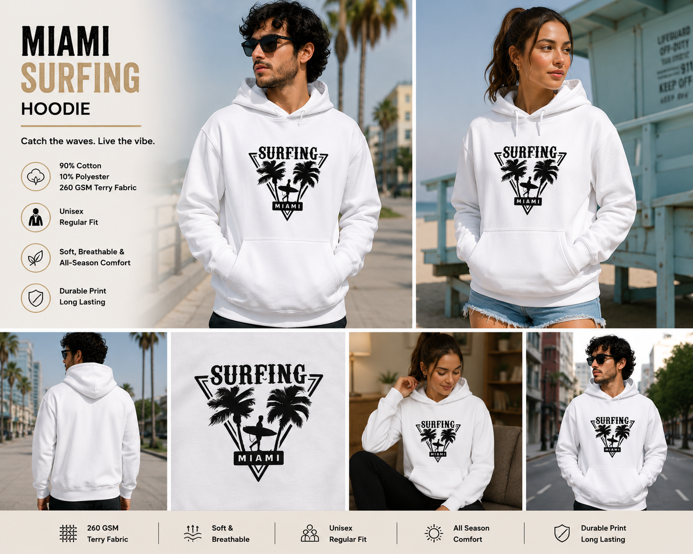 Miami Surfing Unisex Pullover Hoodie – Coastal Beach Graphic Hoodie