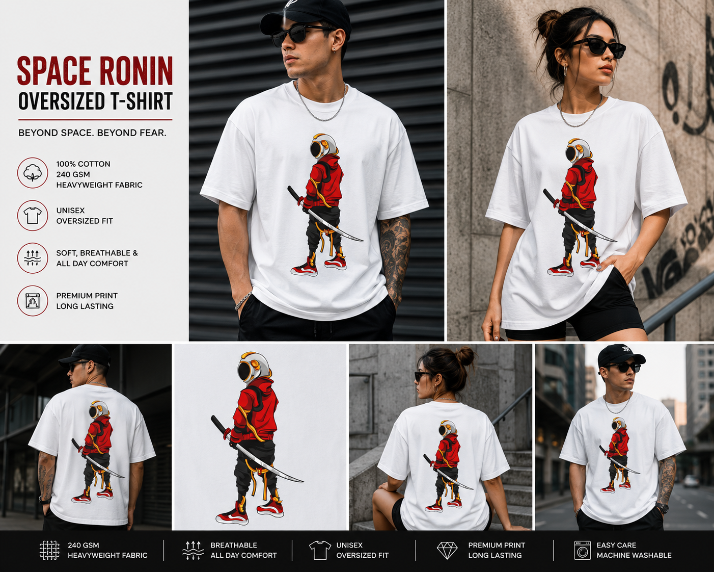 Space Ronin Unisex Oversized T-Shirt – Astronaut Samurai Graphic Streetwear Tee