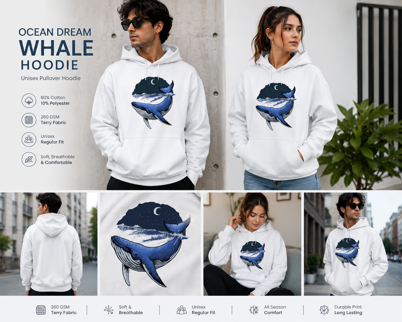 Ocean Dream Whale Unisex Pullover Hoodie – Cozy Nature & Ocean Graphic Hoodie