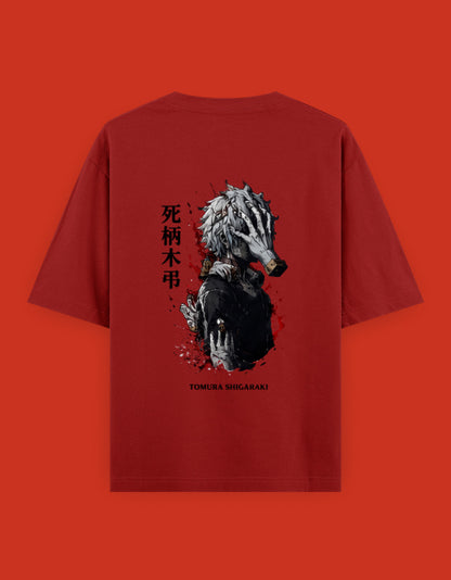 Crimson red oversized t-shirt featuring a dramatic monochrome anime-inspired villain illustration with Japanese typography and bold back print design.