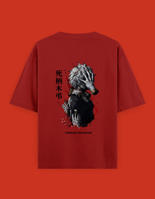 Crimson red oversized t-shirt featuring a dramatic monochrome anime-inspired villain illustration with Japanese typography and bold back print design.
