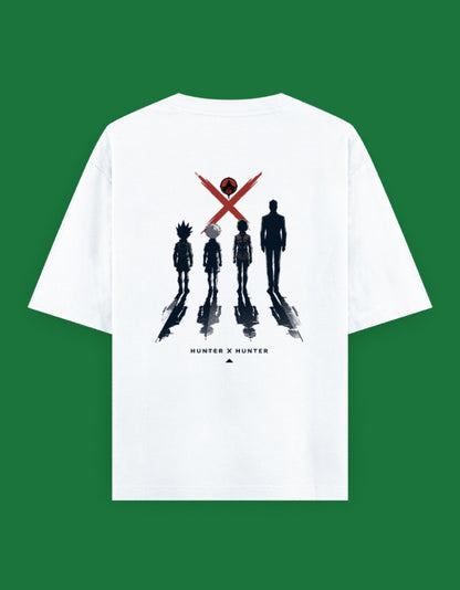 Hunter × Hunter oversized back-print T-shirt featuring the silhouettes of Gon Freecss, Killua Zoldyck, Kurapika, and Leorio Paradinight beneath the Hunter Association emblem
