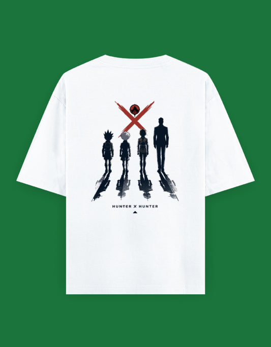 Hunter × Hunter oversized back-print T-shirt featuring the silhouettes of Gon Freecss, Killua Zoldyck, Kurapika, and Leorio Paradinight beneath the Hunter Association emblem