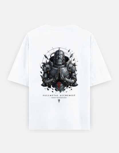 Fullmetal Alchemist Brotherhood oversized back-print T-shirt featuring Alphonse Elric in his iconic armored body with the Flamel Symbol