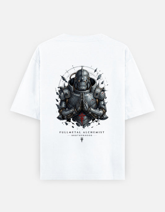 Fullmetal Alchemist Brotherhood oversized back-print T-shirt featuring Alphonse Elric in his iconic armored body with the Flamel Symbol