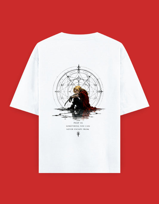 Fullmetal Alchemist oversized back-print T-shirt featuring Edward Elric sitting before a Transmutation Circle with his iconic red coat