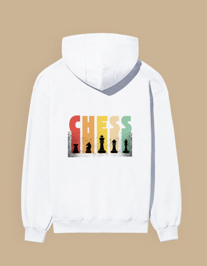 White regular fit hoodie featuring a vintage CHESS typography graphic with classic chess pieces printed on the back.