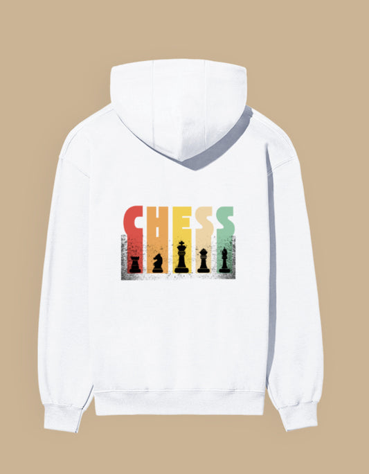 White regular fit hoodie featuring a vintage CHESS typography graphic with classic chess pieces printed on the back.
