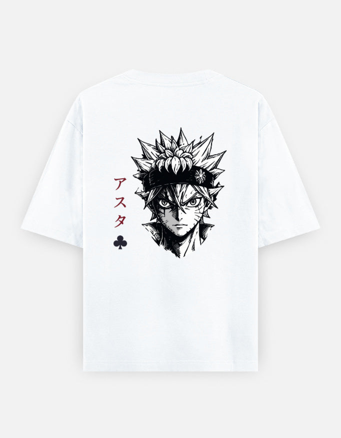 White oversized t-shirt featuring a monochrome anime-inspired warrior illustration with red Japanese typography and minimalist back print design.