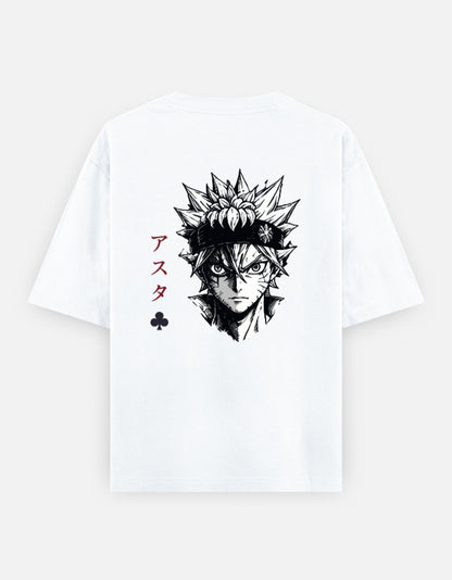 White oversized t-shirt featuring a monochrome anime-inspired warrior illustration with red Japanese typography and minimalist back print design.