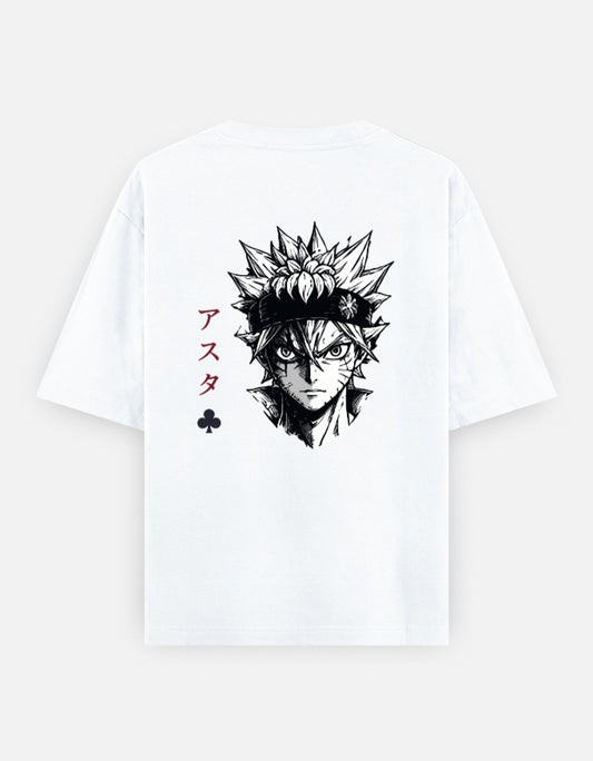 White oversized t-shirt featuring a monochrome anime-inspired warrior illustration with red Japanese typography and minimalist back print design.