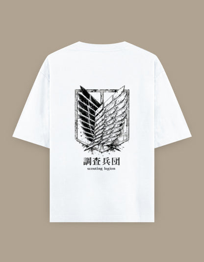 White oversized t-shirt featuring a distressed anime-inspired wing emblem graphic printed on the back.