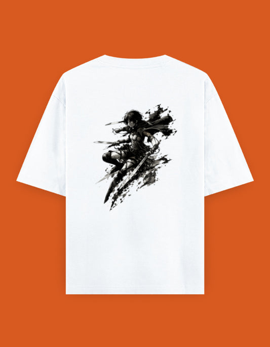White oversized t-shirt featuring a minimalist ImagiWear logo on the front and a dynamic monochrome anime-inspired warrior illustration on the back.
