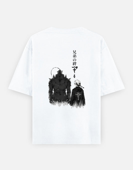 Fullmetal Alchemist: Brotherhood oversized back-print T-shirt featuring Edward Elric and Alphonse Elric walking together with the Japanese text "The Bond Between Brothers"