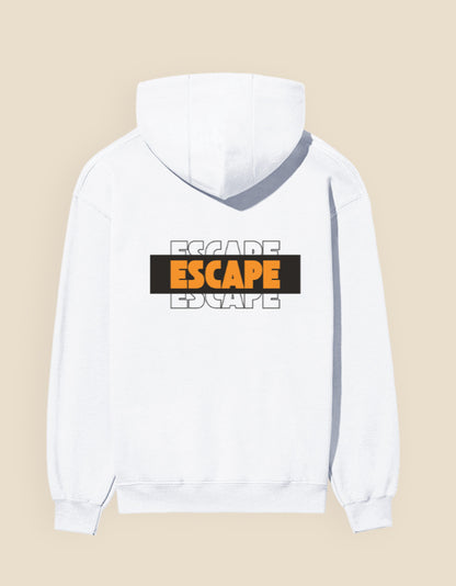 White regular fit hoodie featuring a bold layered "ESCAPE" typography graphic printed on the back.