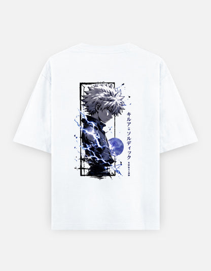 Hunter × Hunter oversized back-print T-shirt featuring Killua Zoldyck with blue lightning effects and Japanese Killua Zoldyck text