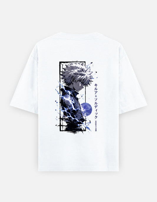 Hunter × Hunter oversized back-print T-shirt featuring Killua Zoldyck with blue lightning effects and Japanese Killua Zoldyck text