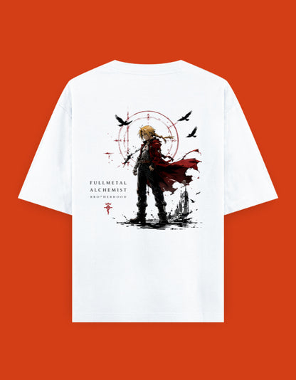 Fullmetal Alchemist Brotherhood oversized back-print T-shirt featuring Edward Elric standing before a Transmutation Circle with the Flamel Symbol