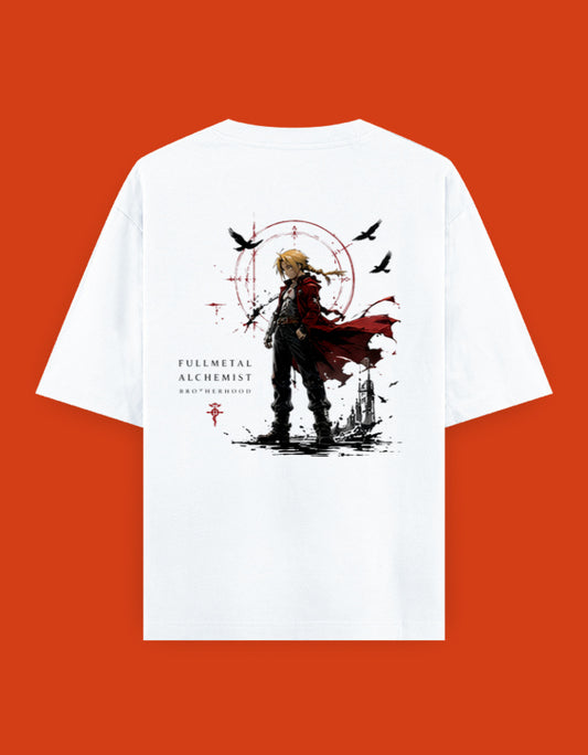 Fullmetal Alchemist Brotherhood oversized back-print T-shirt featuring Edward Elric standing before a Transmutation Circle with the Flamel Symbol