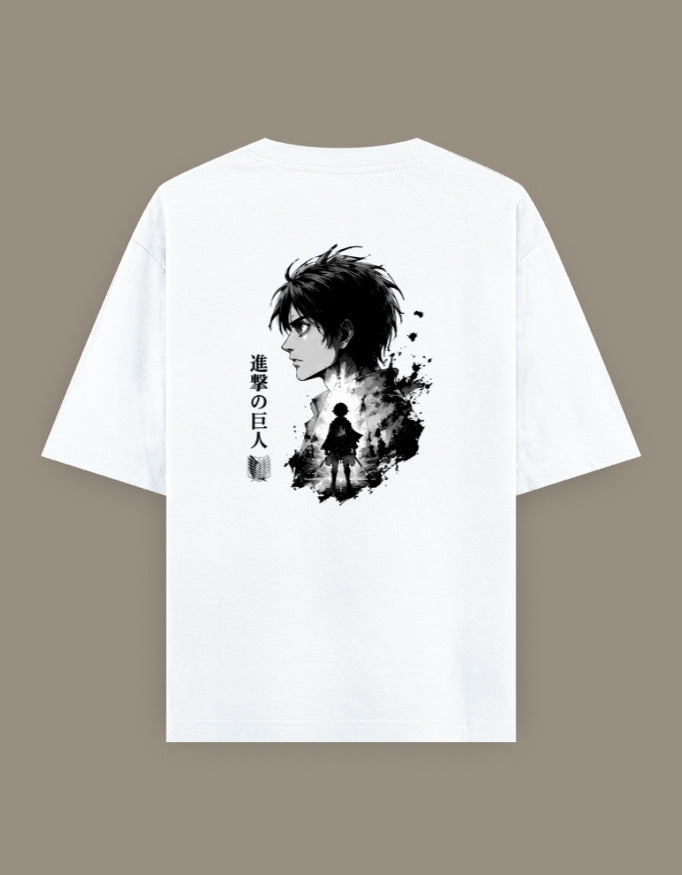 White oversized t-shirt featuring a minimalist ImagiWear logo on the front and a monochrome anime-inspired warrior illustration with Japanese typography printed on the back.