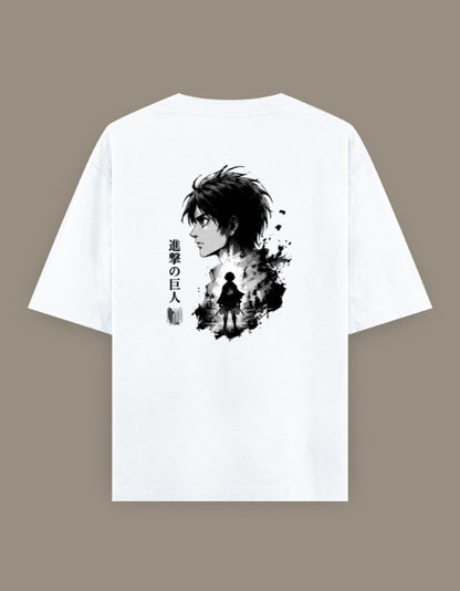 White oversized t-shirt featuring a minimalist ImagiWear logo on the front and a monochrome anime-inspired warrior illustration with Japanese typography printed on the back.