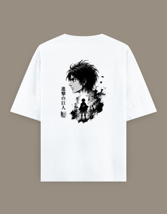 White oversized t-shirt featuring a minimalist ImagiWear logo on the front and a monochrome anime-inspired warrior illustration with Japanese typography printed on the back.