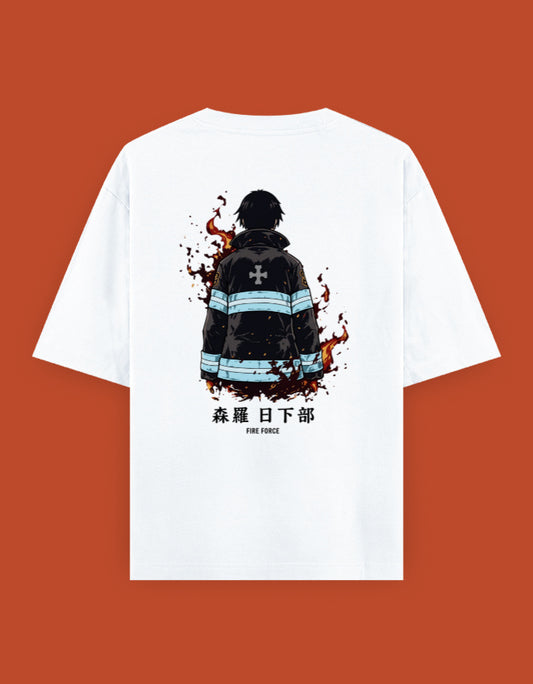 White oversized t-shirt featuring a bold anime-inspired firefighter back graphic surrounded by flames with Japanese-inspired typography.