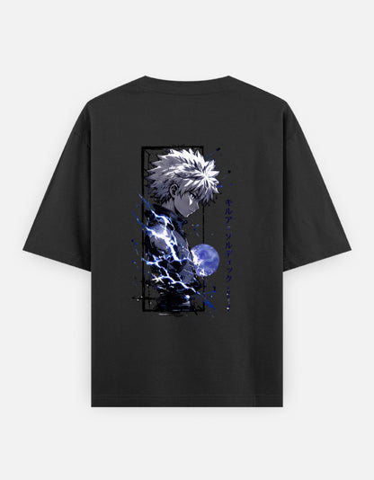 Black oversized t-shirt featuring anime-inspired monochrome artwork with vibrant blue lightning effects and Japanese-style typography.