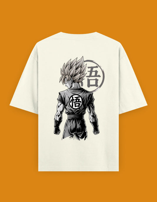 Dragon Ball oversized back-print T-shirt featuring Super Saiyan Son Goku with the iconic Go kanji symbol in monochrome anime artwork