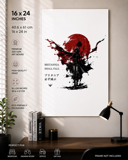 Code Geass Britannia Shall Fall 16×24 anime poster with a lone rebel figure, ink-splatter artwork and crimson sun.