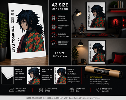 Giyu Tomioka A3 Anime Poster | Premium 300 GSM Wall Art for Bedroom, Gaming Room & Office