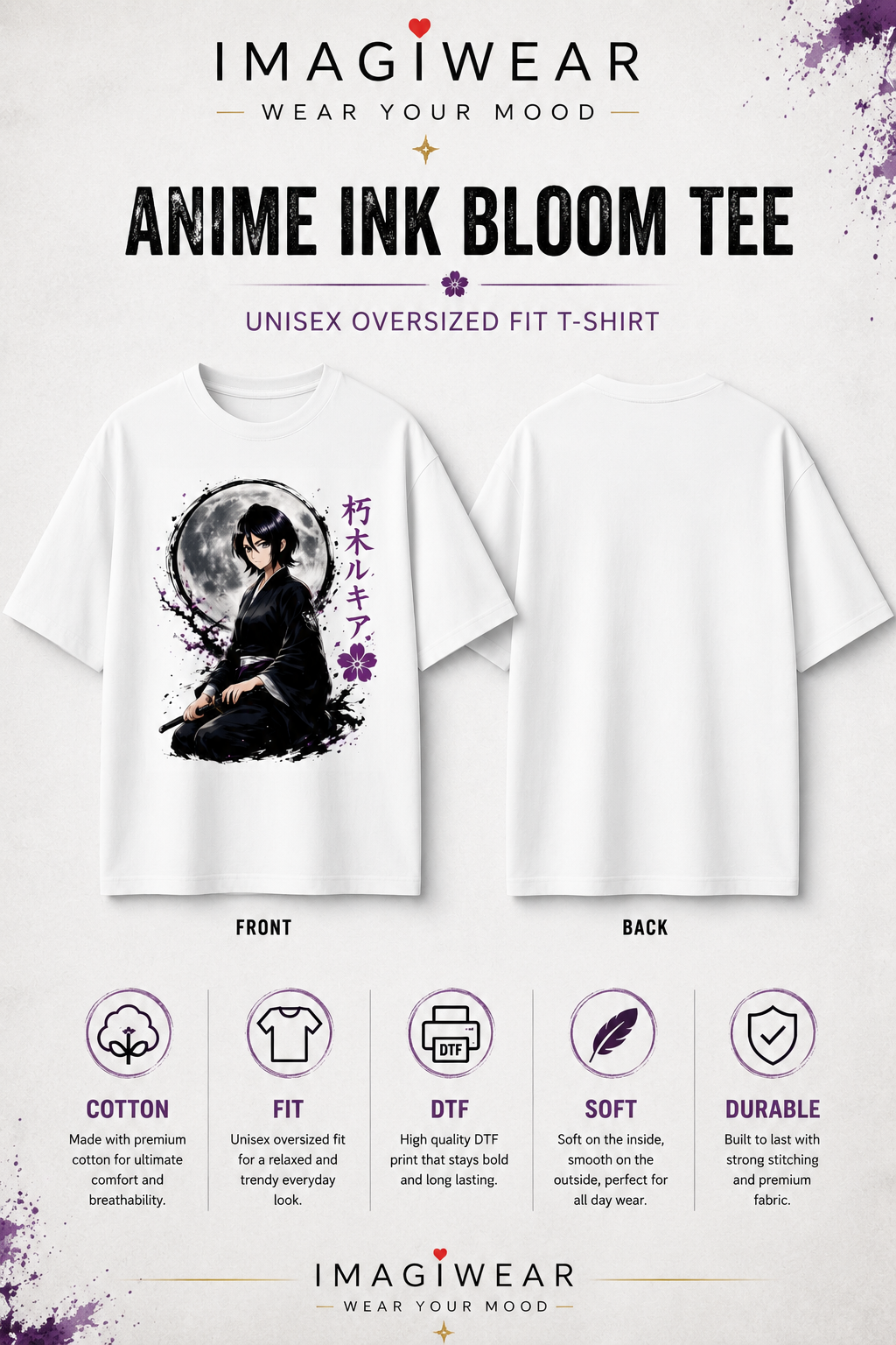 Rukia Moonlight Samurai Anime Oversized T-Shirt – Unisex 240 GSM