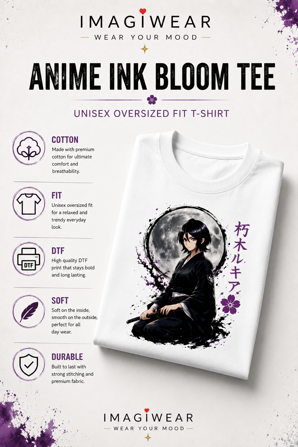 Rukia Moonlight Samurai Anime Oversized T-Shirt – Unisex 240 GSM