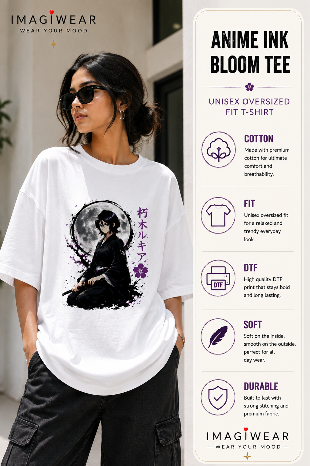 Rukia Moonlight Samurai Anime Oversized T-Shirt – Unisex 240 GSM