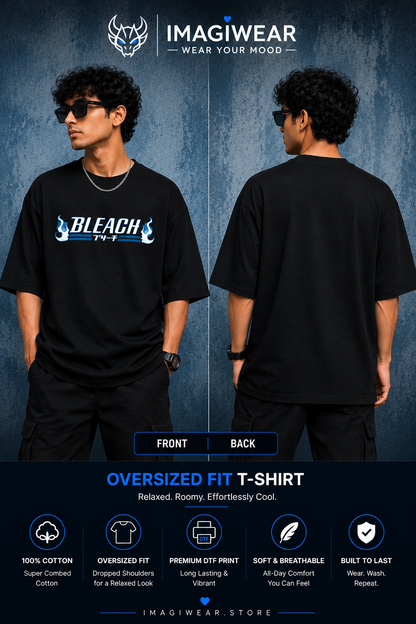 Bleach Blue Flame Logo Oversized T-Shirt – Unisex 240 GSM