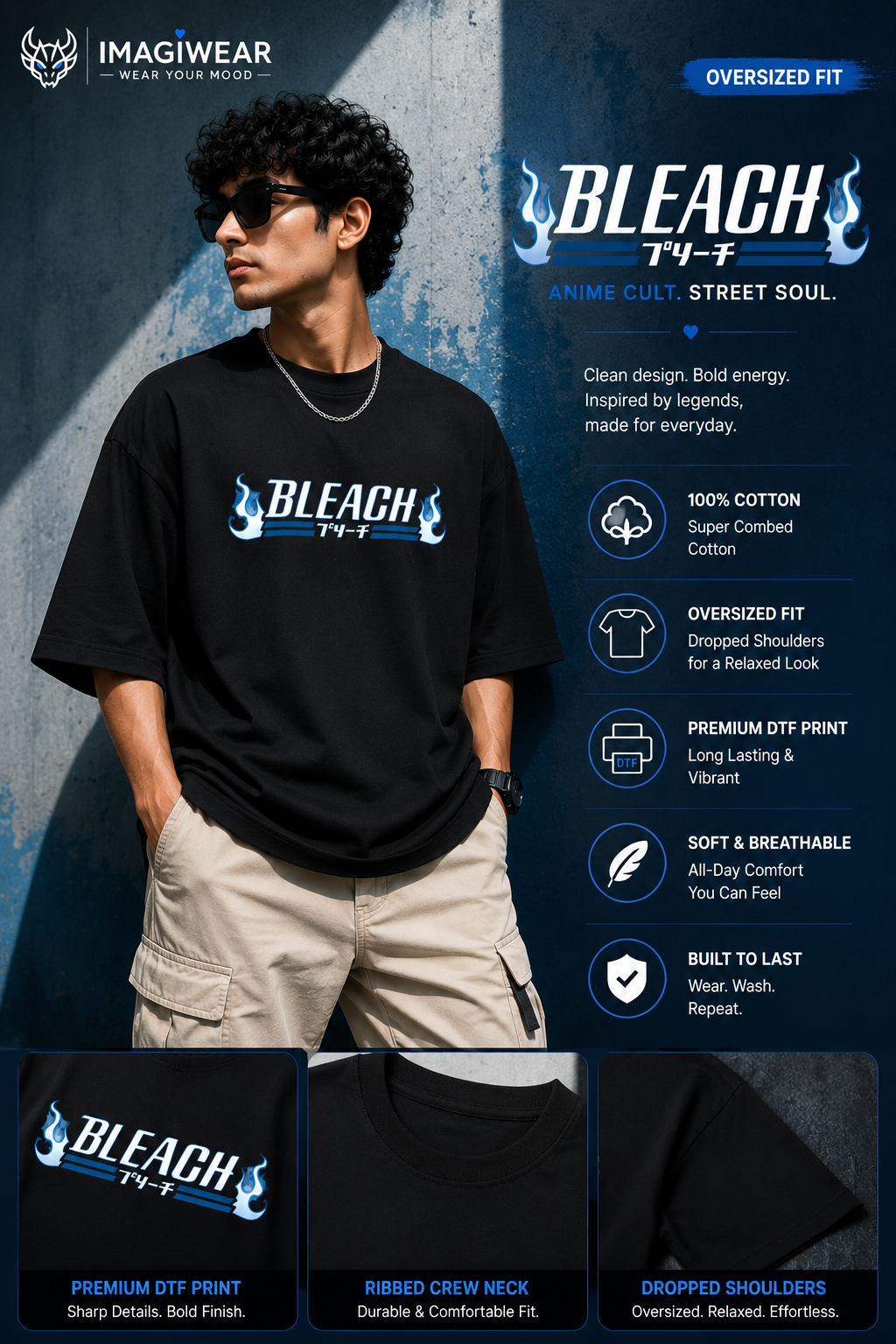 Bleach Blue Flame Logo Oversized T-Shirt – Unisex 240 GSM