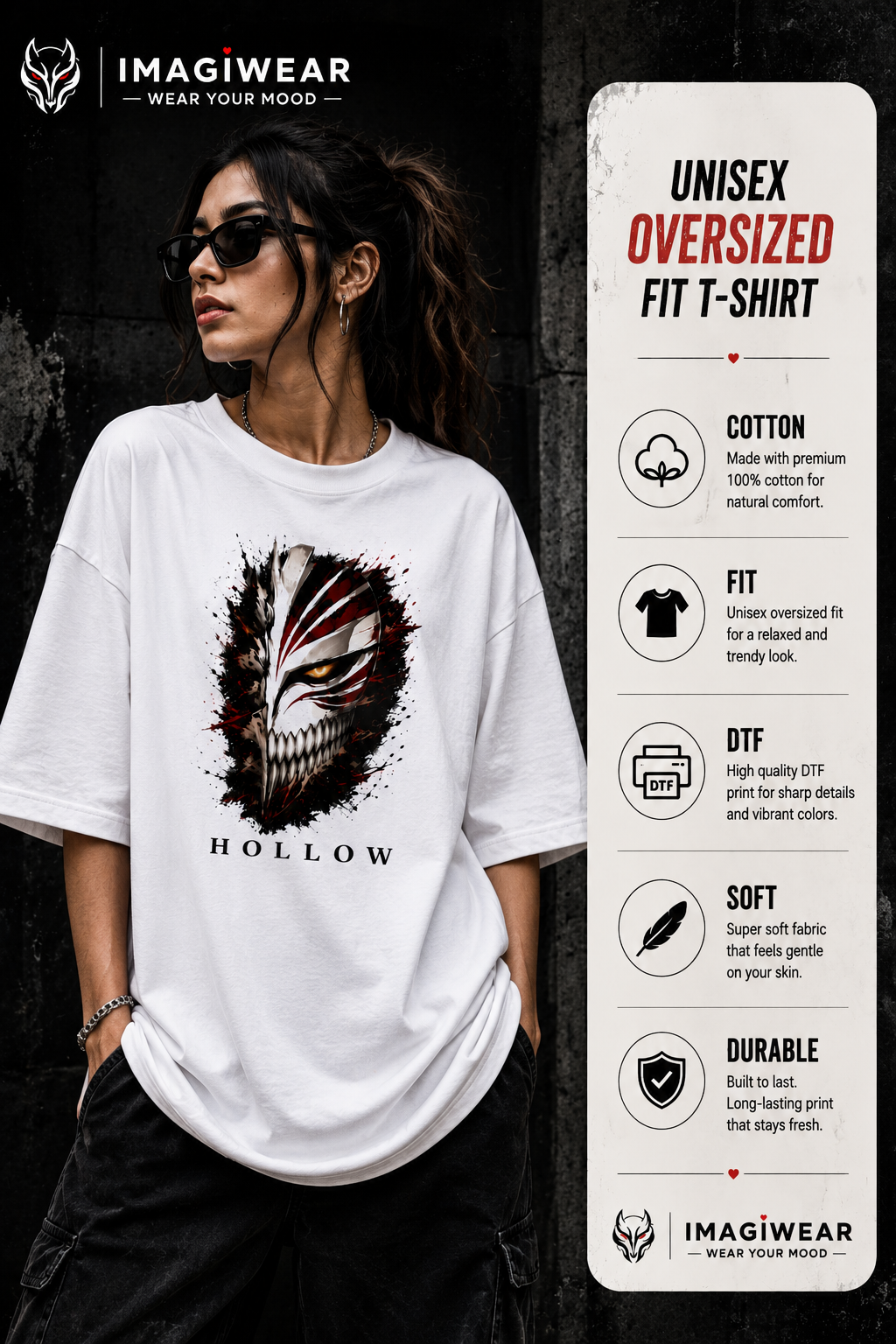 Ichigo Hollow Mask Oversized T-Shirt – Bleach Anime Unisex 240 GSM