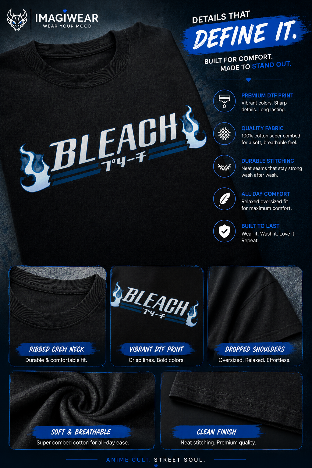 Bleach Blue Flame Logo Oversized T-Shirt – Unisex 240 GSM