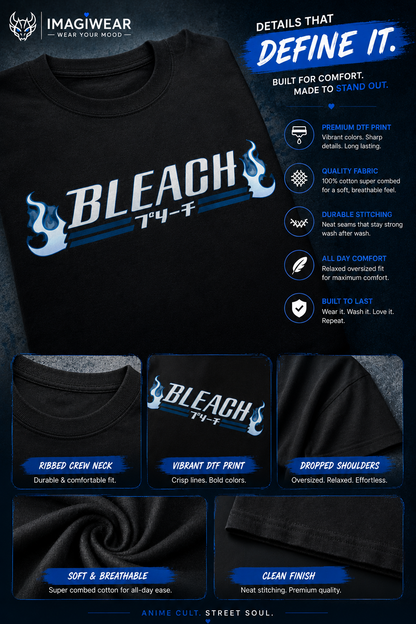 Bleach Blue Flame Logo Oversized T-Shirt – Unisex 240 GSM