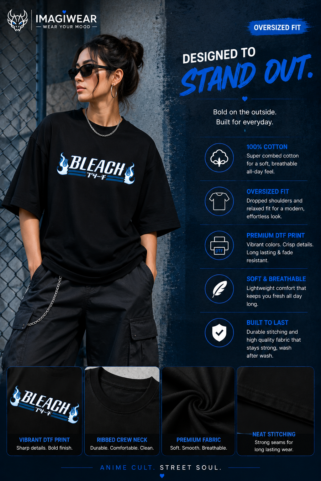 Bleach Blue Flame Logo Oversized T-Shirt – Unisex 240 GSM