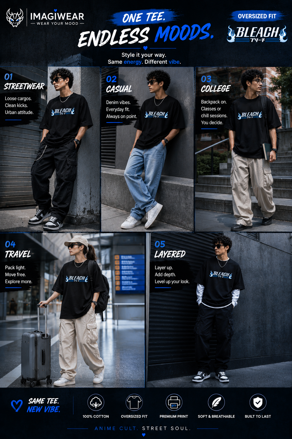 Bleach Blue Flame Logo Oversized T-Shirt – Unisex 240 GSM